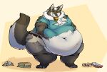  anthro belly belly_fondling belly_grab belly_overhang big_belly black_body black_fur burger canid canine canis catarsi claws clothed clothing coyote eating food food_in_mouth fur grey_body grey_fur hand_on_stomach hi_res holding_belly male mammal moobs navel obese obese_anthro obese_male overweight overweight_anthro overweight_male ring_(jewelry) smile solo standing thick_thighs toe_claws torn_clothing white_body white_fur wide_hips 