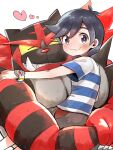  1boy antenna_hair bangs black_hair blush bracelet closed_eyes closed_mouth commentary_request elio_(pokemon) grey_eyes heart highres hug incineroar jewelry looking_at_viewer male_focus medium_hair mikanbako_(aitatadon3) pants pokemon pokemon_(game) pokemon_sm shirt short_sleeves simple_background smile striped striped_shirt swept_bangs t-shirt wavy_mouth white_background z-ring 