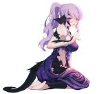  1girl au_ra avatar_(ffxiv) barefoot blush braid breasts commentary dress final_fantasy final_fantasy_xiv full_body hand_up highres horns large_breasts long_hair looking_at_viewer lyra-kotto no_pupils parted_lips ponytail purple_dress purple_eyes purple_hair scales seiza simple_background sitting soles solo tail white_background 