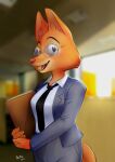  2021 anthro building business_suit canid canine clothing diane_foxington dreamworks female fox froggiechan fur hi_res holding_object inside mammal open_mouth solo suit the_bad_guys 