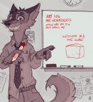 2021 anthro belt biped bottomwear canid canine canis cheek_tuft classroom claws clock clothed clothing collared_shirt coyote english_text facial_tuft fire_alarm gesture head_tuft inside looking_at_viewer male mammal marker moses_(samur_shalem) neck_tuft necktie pants pawpads pointing samur_shalem school sign signature smile solo teacher text tuft untucked_shirt whiteboard 