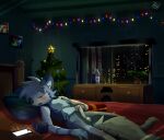 anthro axy_usagi balls blush bodily_fluids canid canine canis christmas city clothed clothed/nude clothing cum erection fur genital_fluids genitals hi_res holidays male mammal nude penis precum solo wolf 