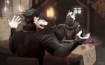  2018 5_fingers anthro black_body black_fur canid canine clothed clothing digital_media_(artwork) duo fingers fox fur male mammal open_mouth plgdd teeth tongue white_body white_fur 