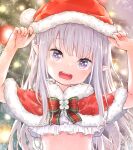  1girl :d arms_up bangs blurry blurry_background bow bowtie capelet child emilia_(re:zero) eyebrows_visible_through_hair fur-trimmed_capelet fur-trimmed_headwear fur_trim green_bow green_bowtie hat highres long_hair pointy_ears purple_eyes re:zero_kara_hajimeru_isekai_seikatsu red_bow red_capelet red_headwear santa_hat shirafuji_sayu smile solo upper_body younger 