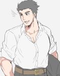  1boy bara black_hair collared_shirt cowboy_shot highres large_pectorals light_blush male_focus master_3_(housamo) muscular muscular_male partially_unbuttoned pectoral_cleavage pectorals shirt short_hair sideburns sleeves_rolled_up solo thick_eyebrows tokyo_afterschool_summoners zaoanjisi 