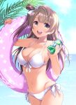  1girl absurdres bikini blue_sky breasts brown_hair can commentary_request day front-tie_bikini front-tie_top hair_ornament highres innertube inui_sekihiko large_breasts long_hair looking_at_viewer love_live! love_live!_school_idol_project minami_kotori navel ocean one_side_up open_mouth product_placement side-tie_bikini sky smile soda soda_can solo sprite_(drink) swimsuit water white_bikini yellow_eyes 