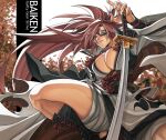  baiken bandages breasts character_name cleavage dong_hole eyepatch from_above guilty_gear guilty_gear_strive highres holding holding_sword holding_weapon japanese_clothes katana kimono kneeling large_breasts leaf looking_at_viewer looking_down pink_hair ponytail rope_belt samurai sandals sash scar scar_across_eye scar_on_face squatting sword thick_thighs thighs tiara weapon white_background wind wind_lift 