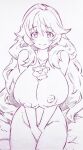  1girl artemis_(fate) blush breasts closed_mouth completely_nude copyright_request eyebrows_visible_through_hair fate/grand_order fate_(series) hair_between_eyes highres huge_breasts long_hair looking_at_viewer monochrome nipples nude orion_(bear)_(fate) simple_background sitting smile traditional_media tsukareta_san 