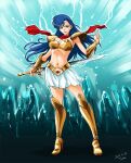  1girl armor asou_yuuko bikini_armor blue_eyes blue_hair boots breasts cleavage commentary_request gem gold gold_armor high_heel_boots high_heels holding holding_sword holding_weapon long_hair looking_at_viewer medium_breasts metal midriff miniskirt mugen_senshi_valis navel red_scarf scarf shoulder_pads skirt standing stomach sword taka_(jungle_web!) valis vambraces warrior weapon white_skirt 