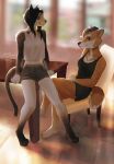  2017 4_toes 5_fingers anthro black_hair black_nose breasts canid canine canis clothed clothing digital_media_(artwork) domestic_dog duo eyebrows eyelashes feet female fingers fur hair hi_res mammal plgdd smile toes 