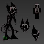  ambiguous_gender ambiguous_species black_goo blood blood_on_face bodily_fluids darli_buni dripping eyeless hi_res humanoid metal metal_mask minecraft_skin missing_arm model_sheet puddle ribs signature simple_background solo spade_tail spine 