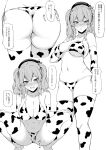  1girl animal_print ass beret bikini blush breasts cameltoe cleavage collarbone cow_print elbow_gloves gloves hat highres kantai_collection kashima_(kancolle) large_breasts looking_at_viewer monochrome multiple_views open_mouth parted_lips squatting standing sweat swimsuit takaman_(gaffe) thighhighs twintails 
