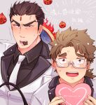  2boys aizen_(housamo) bara between_pectorals blush brown_hair character_request chocolate forehead_jewel formal glasses incoming_gift large_pectorals long_sideburns male_focus mature_male mouth_hold multiple_boys muscular muscular_male necktie necktie_between_pectorals pectorals short_hair sideburns suit sweatdrop thick_eyebrows tokyo_afterschool_summoners translation_request upper_body white_necktie white_suit zaoanjisi 