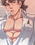  1boy bara brown_hair chest_hair collared_shirt facial_hair goatee highres long_sideburns male_focus mature_male mononobe_kyoma muscular muscular_male partially_unbuttoned pectoral_cleavage pectoral_focus pectorals pencil shirt short_hair sideburns solo stubble thick_eyebrows tied_hair tokyo_afterschool_summoners upper_body zaoanjisi 