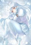  1girl animal_ears arctic_fox_(kemono_friends) blush boots bow bowtie capelet coat curled_up extra_ears eyebrows_visible_through_hair fox_ears fox_girl fox_tail from_above fur_trim gamerakero gloves highres kemono_friends long_hair long_sleeves looking_at_viewer lying on_side pantyhose pleated_skirt skirt smile snow solo tail white_bow white_bowtie white_capelet white_coat white_footwear white_fur white_gloves white_hair white_legwear white_skirt winter_clothes winter_coat yellow_eyes 