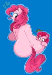  anthro big_breasts blue_background breasts butt butt_squish duo equid equine female feral freezietype friendship_is_magic hi_res horse huge_breasts mammal my_little_pony onomatopoeia pinkie_pie_(mlp) rear_view simple_background sound_effects squish star star_eyes surprise text 