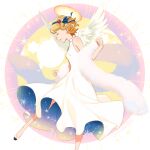  1girl alternate_costume bangs bare_arms blonde_hair breasts clenched_hands closed_eyes curly_hair dress eyelashes hair_ornament kanimaru pokemon pokemon_(anime) pokemon_xy_(anime) serena_(pokemon) shoes short_hair sleeveless sleeveless_dress solo white_dress white_footwear wings 