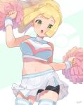  1girl :o alternate_costume bangs bike_shorts blonde_hair breasts cheerleader commentary eyelashes green_eyes highres holding holding_pom_poms lillie_(pokemon) long_hair looking_at_viewer navel open_mouth pleated_skirt pokemon pokemon_(game) pokemon_sm pom_pom_(cheerleading) ponytail signature skirt solo thighhighs tongue tsunamaru._(tuna_330) white_skirt wristband 