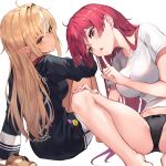  2girls bangs barefoot black_panties blonde_hair bow bow_panties breasts closed_mouth clothes_writing collarbone commentary dark-skinned_female dark_skin eyelashes from_behind hair_between_eyes hand_on_own_knee heterochromia highres hololive houshou_marine index_finger_raised knees_up large_breasts light_smile long_hair looking_at_viewer looking_back multicolored_hair multiple_girls myung_yi no_pants panties plaid pointy_ears red_eyes red_hair shiranui_flare shirt short_shorts short_sleeves shorts simple_background sitting spread_legs streaked_hair stuffed_toy t-shirt thighs underwear unfinished virtual_youtuber white_shirt yellow_eyes 