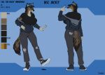  absurd_res anthro big_breasts biped breasts canid canine canis claws clothed clothing english_text female finger_claws front_view greasymojo hat headgear headwear hi_res hoodie huge_breasts mammal model_sheet on_one_leg plantigrade rear_view solo standing text topwear wolf 
