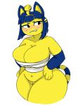  animal_crossing ankha_(animal_crossing) anthro bandage big_breasts blush bottomless breasts cleavage clothed clothing domestic_cat felid feline felis female freezietype frown genitals grimace hands_on_hips hi_res huge_breasts mammal nintendo pussy simple_background solo thick_thighs video_games white_background 
