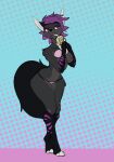  animated anthro breasts brolaren canid canine clothed clothing feet female fingers fur grey_body grey_fur hair mammal purple_hair solo standing toes 