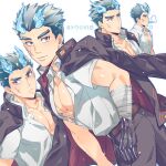  1boy bandaged_arm bandages bara blue_eyes blue_fire collage fiery_hair fire forked_eyebrows gakuran highres jacket jacket_on_shoulders male_focus partially_unbuttoned pectoral_cleavage pectorals scar scar_on_cheek scar_on_face school_uniform short_hair thick_eyebrows toji_(housamo) tokyo_afterschool_summoners toned toned_male zaoanjisi 