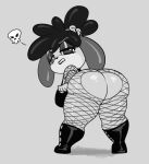  animal_crossing annoyed anthro bent_over big_butt black_hair bone breasts butt canid canine canis clothing daredemon7000 domestic_dog eyeliner female fishnet fishnet_legwear fishnet_topwear goth gothabelle hair half-closed_eyes hi_res high_boots isabelle_(animal_crossing) legwear lipstick looking_at_viewer looking_back makeup mammal monochrome narrowed_eyes nintendo presenting presenting_hindquarters rear_view shih_tzu skull solo thick_thighs toy_dog video_games 