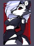  2021 anthro breasts bucketoflewds canid canid_demon cleavage clothed clothing demon female guide_lines hair hair_over_eye hellhound helluva_boss hi_res loona_(helluva_boss) mammal midriff one_eye_obstructed red_sclera short solo 