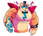  2021 animatronic anthro big_muscles bracelet claws clothing ear_piercing ear_ring five_nights_at_freddy&#039;s five_nights_at_freddy&#039;s:_security_breach glamrock_freddy_(fnaf) half-length_portrait hat headgear headwear hi_res humanoid_hands jewelry looking_at_viewer machine male mammal markings muscular muscular_anthro muscular_male nude one_eye_closed open_mouth open_smile pawpads pecs piercing portrait robot scottgames shoulder_pads simple_background smile solo spiked_bracelet spikes splashburr top_hat ursid video_games white_background wink 