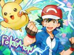  1boy :d ash_ketchum bangs baseball_cap black_shirt blue_jacket brown_eyes clenched_hands commentary_request copyright_name fingerless_gloves gloves green_hair hair_between_eyes hat jacket kanimaru male_focus open_mouth pikachu pokemon pokemon_(anime) pokemon_xy_(anime) red_headwear shirt short_hair smile spiked_hair 