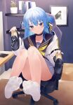  1girl blue_eyes blue_hair blush cellphone chair choker collarbone cum cum_on_clothes cum_on_feet eyebrows_visible_through_hair hair_bun highres hololive hoshimachi_suisei jacket kou_futoshi long_hair looking_at_viewer mary_janes phone school_uniform shoes shoes_removed sitting smile socks soles solo sweat sweatdrop virtual_youtuber 