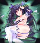  1girl black_hair blush breasts collarbone eyebrows_visible_through_hair giga-tera hair_between_eyes hair_ornament highres long_hair looking_at_viewer medium_breasts neptune_(series) noire_(neptune_series) open_mouth red_eyes sidelocks smile solo torn_clothes torn_legwear twintails white_legwear 