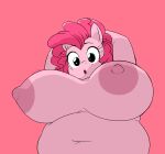  anthro belly big_breasts breasts equid equine female freezietype friendship_is_magic hands_behind_head hi_res horse huge_breasts looking_at_viewer looking_down low-angle_view mammal my_little_pony pink_background pinkie_pie_(mlp) simple_background slightly_chubby solo 