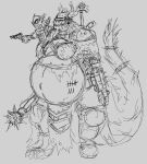  armor bottomwear clothing cybernetics drork dryad elemental_creature female flora_fauna hi_res horn humanoid mace machine melee_weapon pauliusthemad plant power_armor pregnant skirt solo treant tree vwpologt weapon 