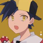  1boy backwards_hat bangs baseball_cap black_hair black_shirt commentary_request ethan_(pokemon) hand_up hat holding holding_poke_ball jacket looking_at_viewer male_focus open_mouth osigatoutoi_tou poke_ball poke_ball_(basic) pokemon pokemon_adventures red_jacket shirt short_hair simple_background solo upper_body yellow_background yellow_eyes 