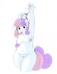  anthro belly big_breasts bikini breasts clothing equid equine female freezietype friendship_is_magic genitals hi_res holding_clothing holding_object horn looking_at_viewer mammal my_little_pony nude pussy simple_background smile solo sweetie_belle_(mlp) swimwear thick_thighs tongue tongue_out unicorn white_background 