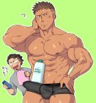  2boys ? abs bara black_hair black_male_underwear blush bottle boxer_briefs brown_hair bulge closed_mouth dark-skinned_male dark_skin erection erection_under_clothes facial_hair goatee hand_on_hip hand_on_own_neck holding holding_bottle irie_kazumichi large_pectorals looking_at_another looking_at_viewer male_focus male_underwear multiple_boys muscular muscular_male navel object_on_bulge oishi_(psycho-pass) open_mouth pectorals psycho-pass shampoo shampoo_bottle shampoo_challenge short_hair sugo6969 translation_request undercut underwear 