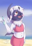  2021 absol absurd_res anthro beach clothing dark_body female food fur hi_res navel nintendo one_eye_obstructed pok&eacute;mon pok&eacute;mon_(species) popsicle seaside solo swimwear syst video_games white_body white_fur young 
