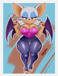  anthro bat_wings big_breasts bodysuit breasts chiropteran clothing exposed_breasts female genitals hi_res huge_breasts looking_at_viewer mammal mellojellowo membrane_(anatomy) membranous_wings pussy rouge_the_bat sega skinsuit smile solo sonic_the_hedgehog_(series) tight_clothing torn_clothing wings 