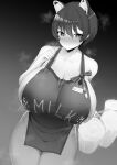  1girl animal_ears apron areola_slip areolae beer_mug blue_archive blush breasts collarbone cup dearonnus eyebrows_visible_through_hair from_above gigantic_breasts greyscale heart heart-shaped_pupils highres holding holding_cup lactation looking_at_viewer milk monochrome mug naked_apron pregnancy_test reward_available smile steam steaming_body symbol-shaped_pupils tsubaki_(blue_archive) wet 
