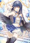  1girl black_hair en_(shisui_no_utage) hair_ornament idol long_hair looking_at_viewer open_mouth original skirt smile solo stage wings 