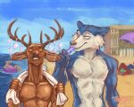  2021 anthro antlers bare_chest beach beastars brown_body brown_fur canid canine canis cervid cervine duo eating eyes_closed food fur grey_body grey_fur horn ice legoshi_(beastars) looking_at_another louis_(beastars) male male/male mammal multicolored_body multicolored_fur navel popsicle red_deer sand seaside tan_body tan_fur thorso_the_vile towel towel_around_neck two_tone_body two_tone_fur water wolf 