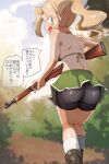  1girl absurdres ass bike_shorts bikini black_shorts blonde_hair blue_eyes blush choker from_behind girls_und_panzer green_bikini green_skirt gun highres jinguu_(4839ms) kay_(girls_und_panzer) long_hair looking_at_viewer looking_back microskirt open_mouth outdoors ponytail rifle shiny shiny_hair shiny_skin shorts shoulder_blades skirt solo swimsuit translation_request weapon 