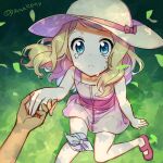  1boy 1girl bandaged_knees blonde_hair blue_eyes closed_mouth commentary_request crying dress eyelashes frown grass hat hat_ribbon kanimaru long_hair outdoors pink_dress pokemon pokemon_(anime) pokemon_xy_(anime) ribbon serena_(pokemon) shoes sleeveless sleeveless_dress split_mouth tears yellow_headwear younger 