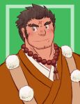  1boy alternate_costume alternate_facial_hair bara bead_necklace beads beard blush chest_hair cross_scar facial_hair highres houzouin_oniwaka jewelry long_sideburns male_focus marumaru_(limecitron13) mature_male necklace scar scar_on_face scar_on_forehead short_hair sideburns smile solo stubble thick_eyebrows tokyo_afterschool_summoners upper_body 