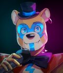  2021 5_fingers animatronic anthro black_background bow_tie bust_portrait clothing collar ear_piercing ear_ring fingers five_nights_at_freddy&#039;s five_nights_at_freddy&#039;s:_security_breach glamrock_freddy_(fnaf) hat headgear headwear hi_res holding_microphone holding_object icon looking_at_viewer machine male mammal markings microphone mii_andrean piercing portrait robot scottgames shoulder_pads simple_background smile solo spiked_collar spikes teeth top_hat ursid video_games 