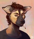  2019 anthro black_nose brown_eyes brown_hair canid canine canis clothed clothing digital_media_(artwork) domestic_dog eyebrows eyelashes hair headshot_portrait hi_res looking_at_viewer male mammal plgdd portrait smile smoking 