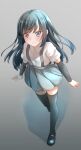  1girl arm_warmers asashio_(kancolle) bangs black_footwear black_hair black_legwear blue_eyes closed_mouth collared_shirt comah commentary_request dress_shirt eyebrows_visible_through_hair from_above full_body grey_background grey_skirt highres kantai_collection long_hair looking_away pleated_skirt shadow shirt shoes short_sleeves skirt smile solo standing suspender_skirt suspenders thighhighs very_long_hair white_shirt 