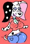  101_dalmatian_street 101_dalmatians anthro bottomwear breasts canid canine cleavage clothed clothing collar delilah_(101_dalmatians) denim denim_clothing disney female gothcowasmr jeans lipstick makeup mammal mature_female pants solo 